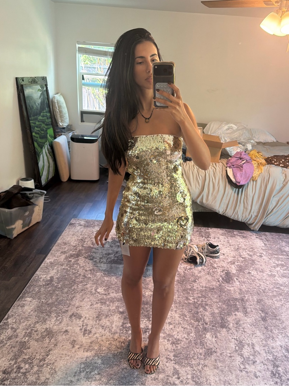 MORE TO COME Adelaide Mini Dress Gold Strapless